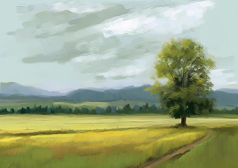 绿色春天草地平原草原全景高山自然树林田园油画插画,插画/手绘图,插画/手绘图库,插画/手绘图下载,插画/手绘